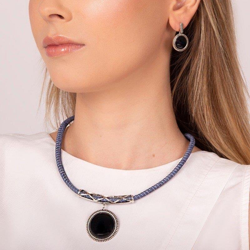CONJUNTO DE COURO PRETO FOLHEADO RÓDIO