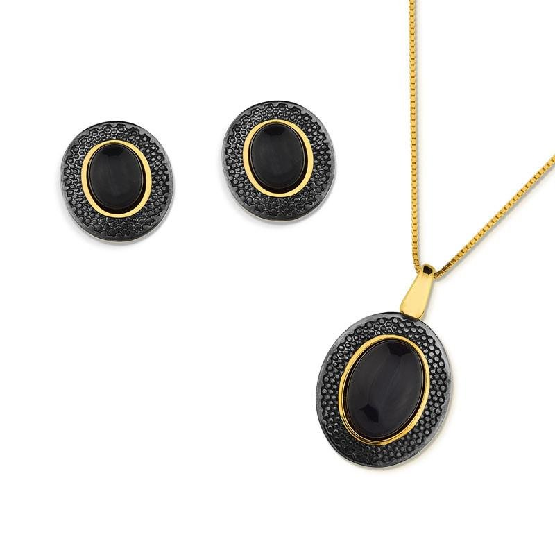 CONJUNTO FOLHEADO A OURO E RÓDIO NEGRO