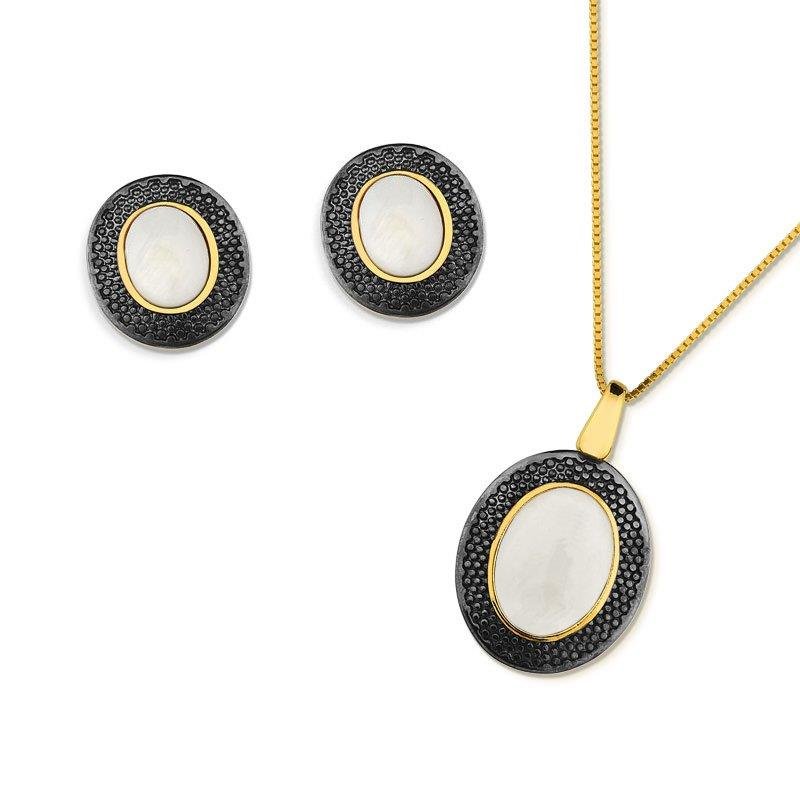 CONJUNTO FOLHEADO A OURO E RÓDIO NEGRO