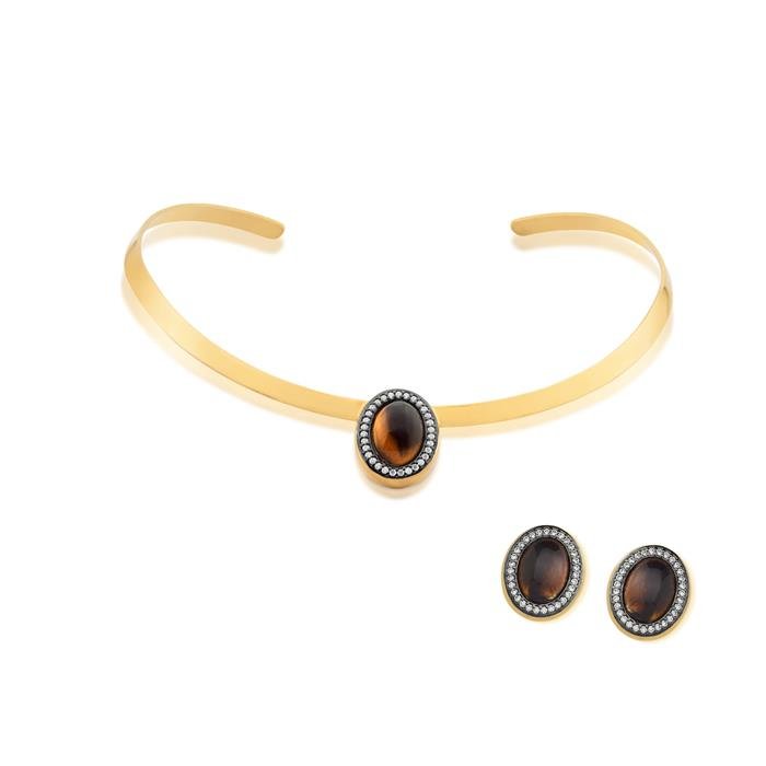 CONJUNTO FOLHEADO A OURO E RÓDIO NEGRO