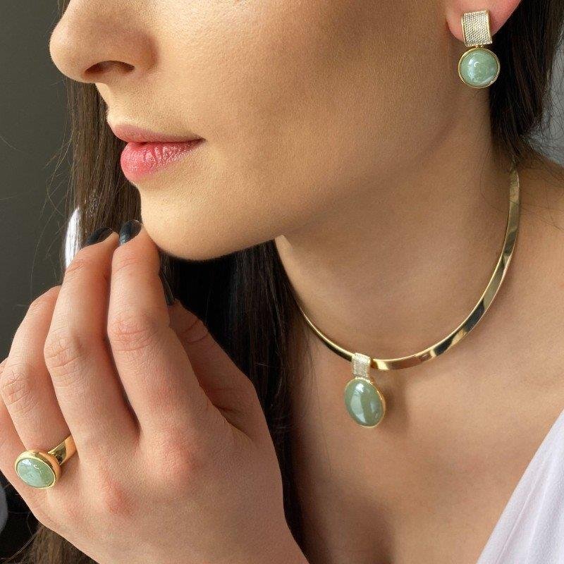 CONJUNTO FOLHEADO A OURO E RÓDIO BRANCO COM EFEITO PEROLADO