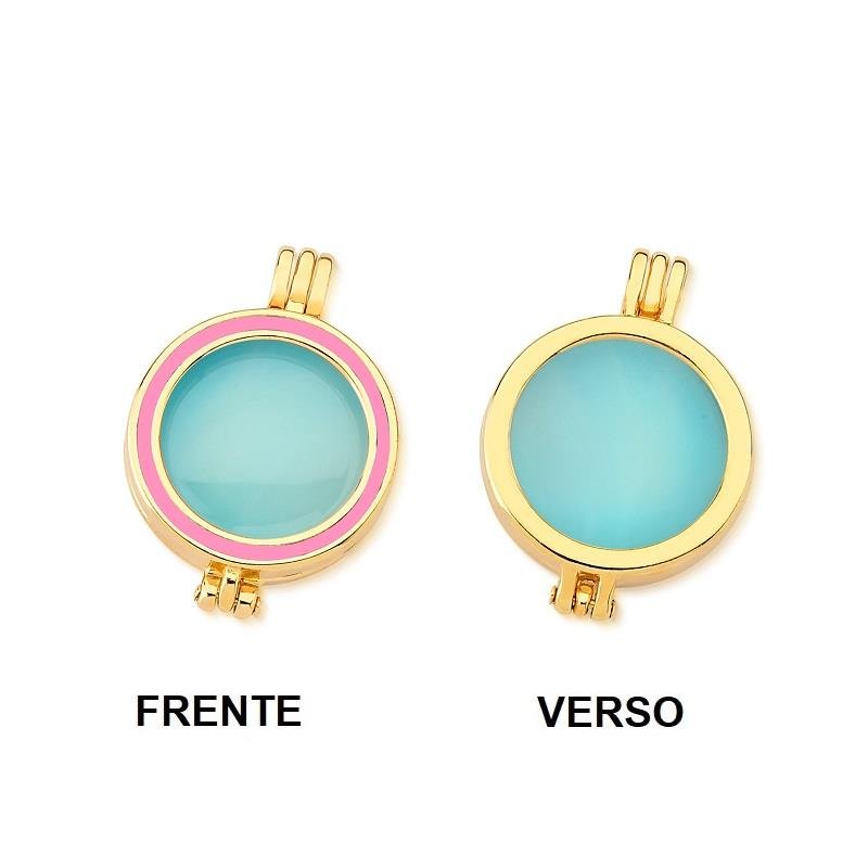 COMBO RELICÁRIO FOLHEADO A OURO COM ESMALTE ROSA