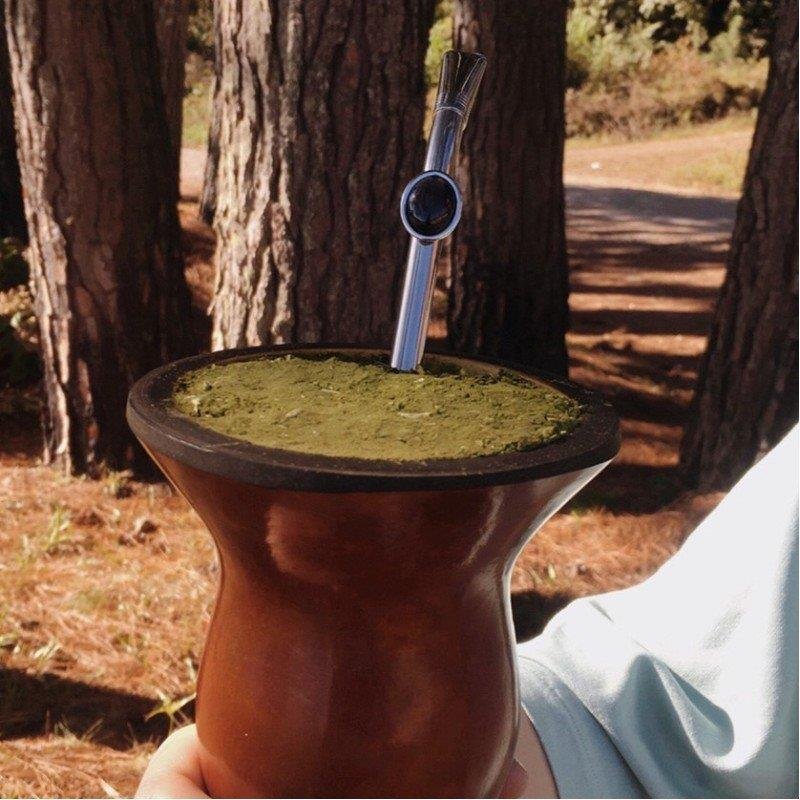 BOMBA DE CHIMARRÃO EM AÇO INOX COM DETALHE FOLHEADO A PALÁDIO