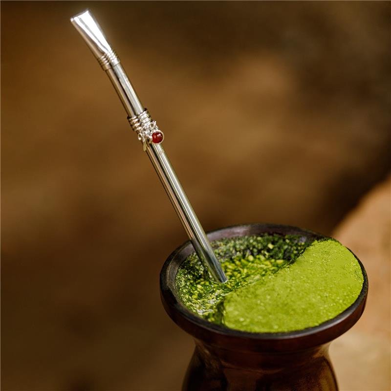 BOMBA DE CHIMARRÃO EM AÇO INOX COM DETALHE FOLHEADO A PALÁDIO