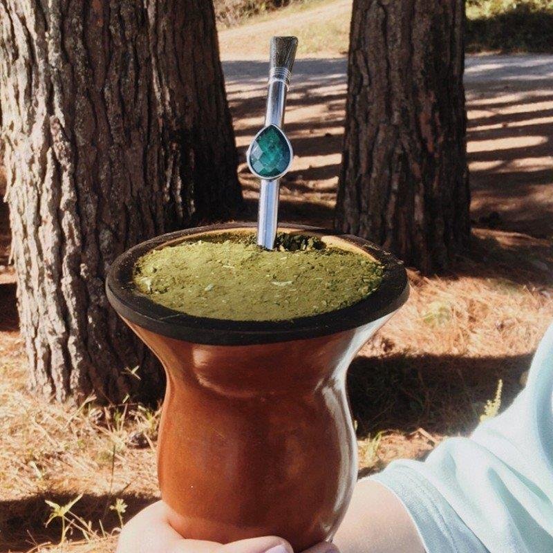 BOMBA DE CHIMARRÃO DE 23CM EM AÇO INOX COM DETALHE FOLHEADO A PALÁDIO