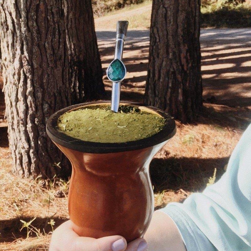 BOMBA DE CHIMARRÃO DE 25CM EM AÇO INOX COM DETALHE FOLHEADO A PALÁDIO