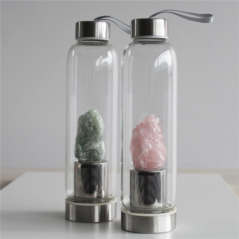 GARRAFA DE VIDRO PARA INFUSÃO BOAS VIBRAÇÕES - QUARTZO ROSA